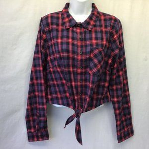 Forever 21 Red Purple Plaid Flannel Tie Waist Cropped Button Front Shirt NWT OX